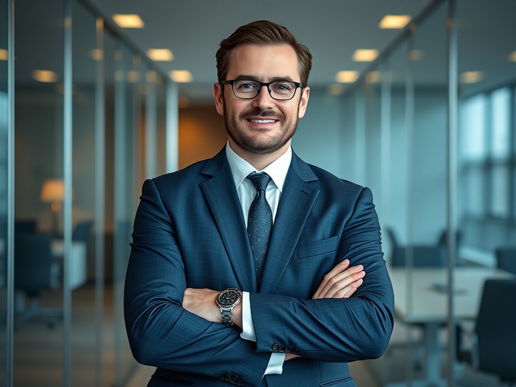 Male executive in a tailored suit, standing in a glass-walled conference room, arms crossed, confident expression, premium lighting, 8k commercial photography