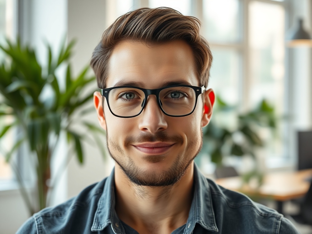 Close-up portrait of a confident male software engineer in his late 20s, modern open office background with plants, natural window light, 8k commercial photography