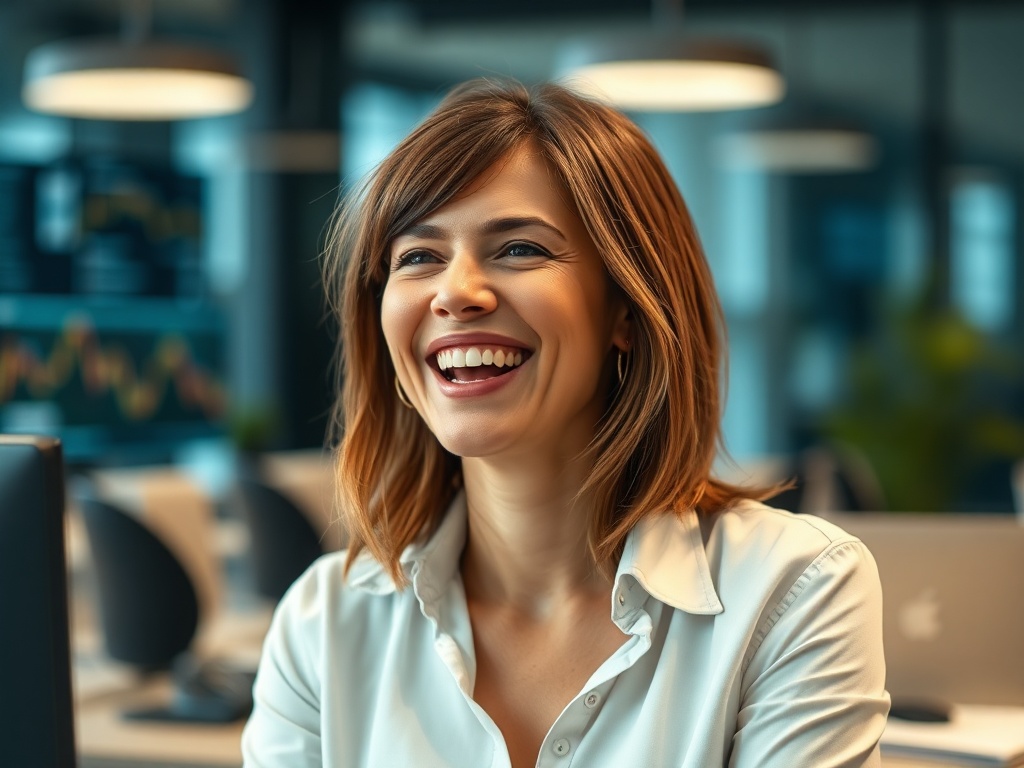 Female data analyst in her mid-30s, smart casual attire, laughing naturally, blurred office background with digital screens, 8k commercial photography