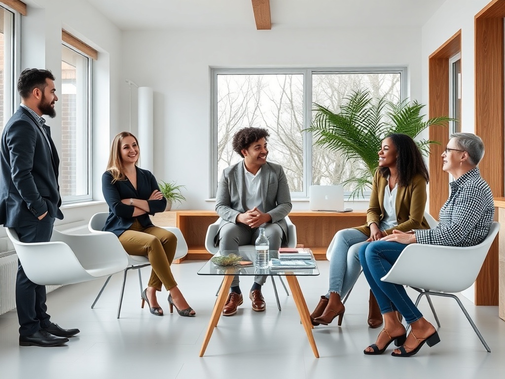 Five diverse professionals in a minimalist scandinavian meeting room, white walls, wooden accents, large windows with natural light, collaborative posture, 8k commercial photography