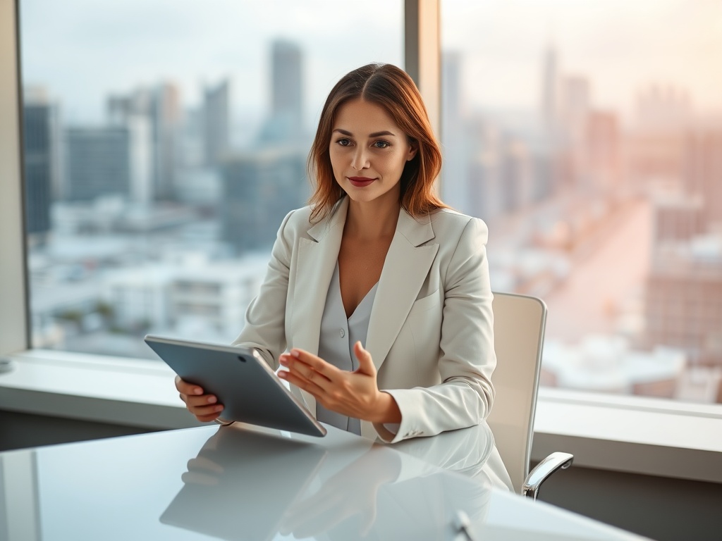 Female executive in a white blazer, sitting at a minimalist desk with a tablet, soft focus on the background of city skyline, 8k commercial photography