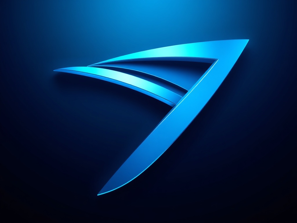 Abstract geometric symbol representing speed and efficiency, flowing lines in cyan and deep blue, metallic finish, 8k render