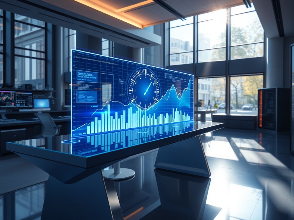 A futuristic digital workspace with holographic speed graphs floating above a sleek glass desk, natural light streaming through floor-to-ceiling windows, 8k photorealistic commercial photography, cinematic lighting, high-end technology vibe